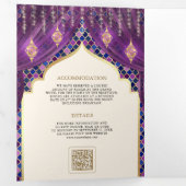 パープル金ゴールドフローラカーテンインディアンヒンドゥー結婚ズ 三つ折り招待状 (内部最初)