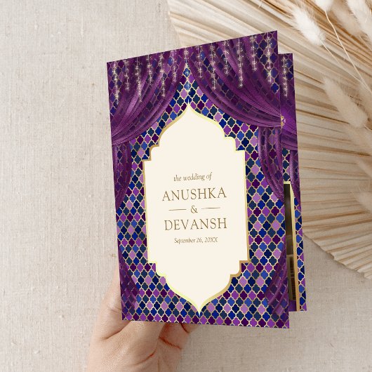 パープル金ゴールドフローラカーテンインディアンヒンドゥー結婚ズ 招待状