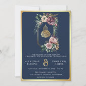 パープル金ゴールドフローラクレストネイビーブルームスリム結婚ズ 招待状 (正面)