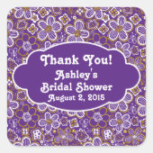 パープル金ゴールドフローラサンキューブライダルシャワー スクエアシール (正面)