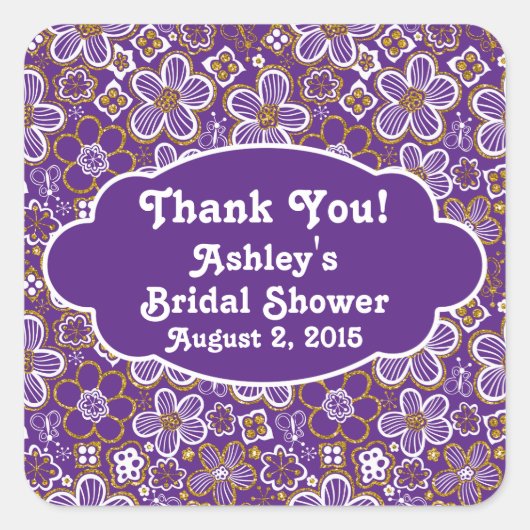 パープル金ゴールドフローラサンキューブライダルシャワー スクエアシール (正面)