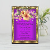 パープル金ゴールドフローラハイビスカスバースデーパーティー 招待状 (スタンド正面)
