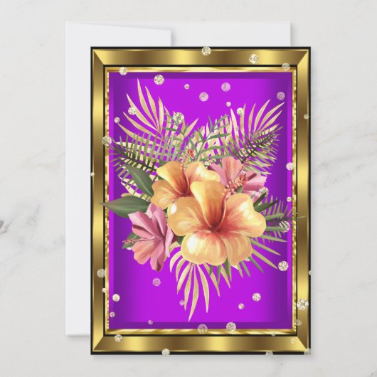 パープル金ゴールドフローラハイビスカスバースデーパーティー 招待状 (裏面)