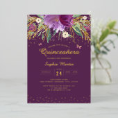 パープル金ゴールドフローラバタフライキンセアニェラ 箔招待状 (立ち正面)