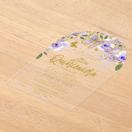パープル金ゴールドフローラバタフライクインセアニラ アクリル招待状 (レイダウン)