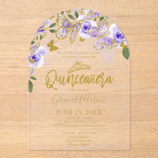 パープル金ゴールドフローラバタフライクインセアニラ アクリル招待状 (正面)