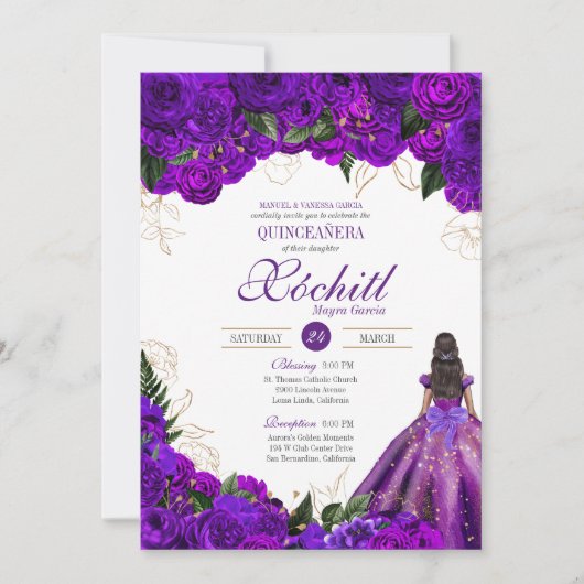 パープル金ゴールドフローラバラエレガントキンセアニェラ 招待状 (正面)