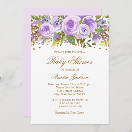 パープル金ゴールドフローラバラベビーシャワー招待状 招待状 (正面/裏面)