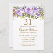 パープル金ゴールドフローラバラ21歳の誕生日 招待状 (正面)