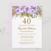 パープル金ゴールドフローラバラ40歳の誕生日 招待状 (正面/裏面)