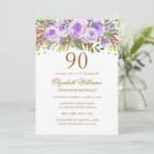 パープル金ゴールドフローラバラ90誕生日 招待状 (スタンド正面)