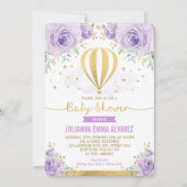 パープル金ゴールドフローラホットエアバルーン赤ちゃんシャワー 招待状 (正面)
