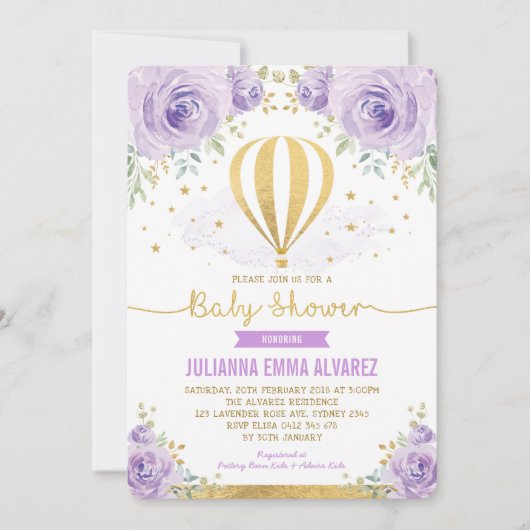 パープル金ゴールドフローラホットエアバルーン赤ちゃんシャワー 招待状 (正面)