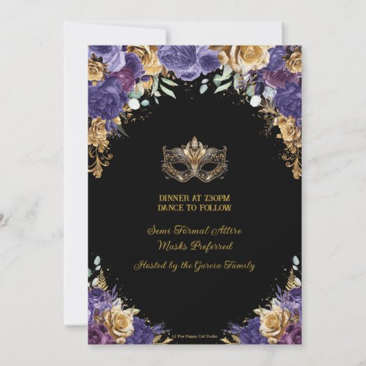 パープル金ゴールドフローラマスカレードボールキンセアニラ 招待状 (裏面)