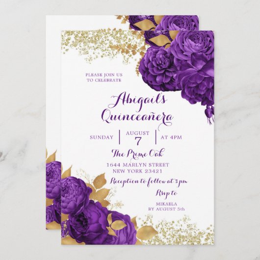 パープル金ゴールドフローラメキシコクインセアニラ招待状 招待状 (正面/裏面)