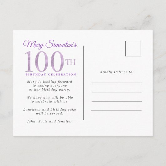 パープル金ゴールドフローラ100th誕生日パーティーへの招待 インビテーションポストカード (裏面)