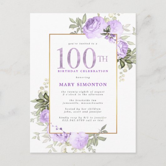 パープル金ゴールドフローラ100th誕生日パーティーへの招待 インビテーションポストカード (正面)