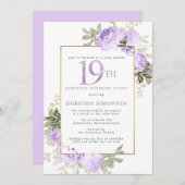 パープル金ゴールドフローラ19誕生日サプライズパーティー 招待状 (正面/裏面)