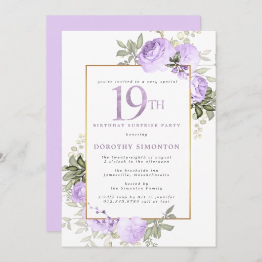 パープル金ゴールドフローラ19誕生日サプライズパーティー 招待状 (正面/裏面)