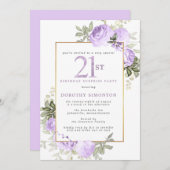 パープル金ゴールドフローラ21th誕生日サプライズパーティー 招待状 (正面/裏面)