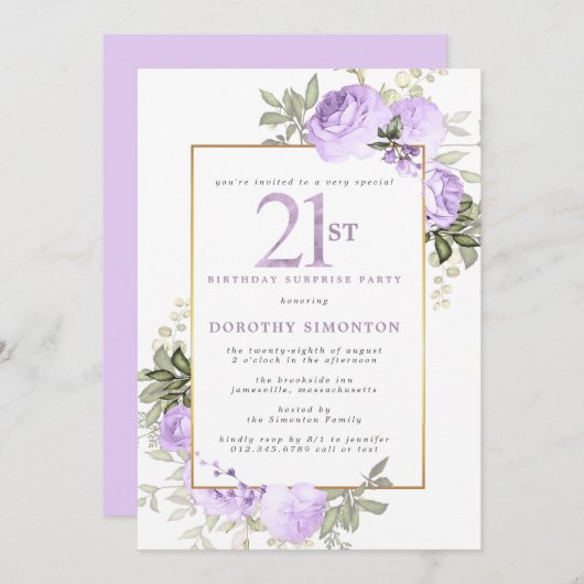 パープル金ゴールドフローラ21th誕生日サプライズパーティー 招待状 (正面/裏面)