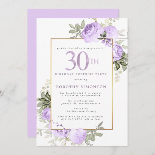 パープル金ゴールドフローラ30th誕生日サプライズパーティー 招待状 (正面/裏面)