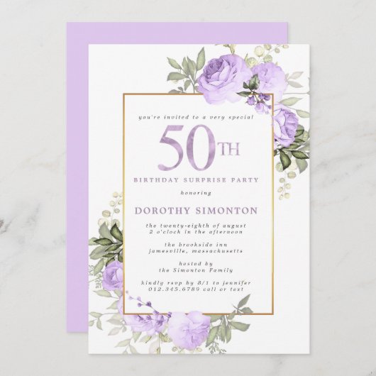 パープル金ゴールドフローラ50誕生日サプライズパーティー 招待状 (正面/裏面)