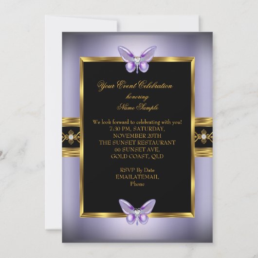 パープル金ゴールドブラックジュエルバタフライバースデーパーティー 招待状 (裏面)