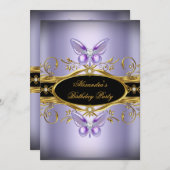 パープル金ゴールドブラックジュエルバタフライバースデーパーティー 招待状 (正面/裏面)