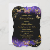 パープル金ゴールドブラックバタフライスパークルバースデーパーティー 招待状 (正面)