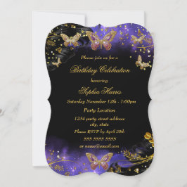 パープル金ゴールドブラックバタフライスパークルバースデーパーティー 招待状