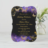 パープル金ゴールドブラックバタフライスパークルバースデーパーティー 招待状 (スタンド正面)