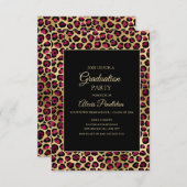 パープル金ゴールドブラックヒョウのチーズ卒業パーティー 招待状 (正面/裏面)