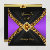 パープル金ゴールドブラックヒョウ宝石40歳の誕生日 招待状 (正面/裏面)