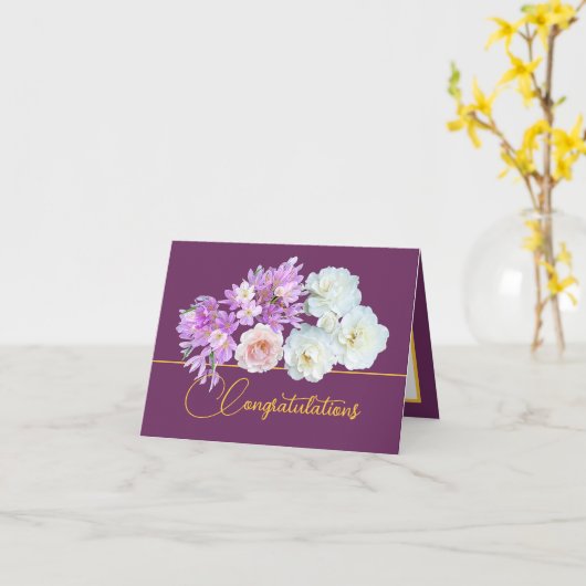 パープル金ゴールドブーケバラクロシーズおめでとう カード (黄色い花)