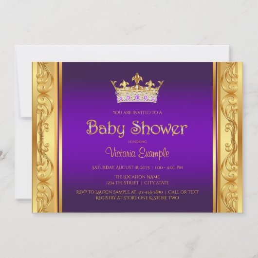 パープル金ゴールドプリンセスガールベビーシャワー招待状 招待状 (裏面)
