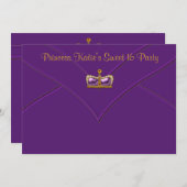 パープル金ゴールドプリンセスクラウンスウィート16パーティー 招待状 (正面/裏面)