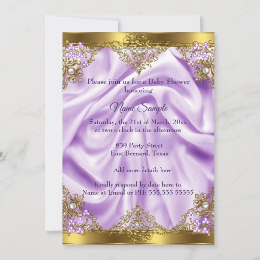 パープル金ゴールドプリンセスベビーシャワー民族少女 招待状 (裏面)