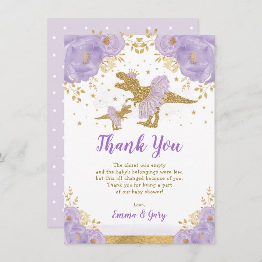パープル金ゴールドプリンセス恐竜ツチュティアラベビーガール サンキューカード (正面/裏面)