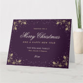 パープル金ゴールドホリースノーフォトホリデーカード カード (正面)