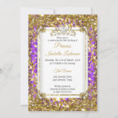 パープル金ゴールドホワイトパールティアラバースデーパーティー 招待状 (正面)