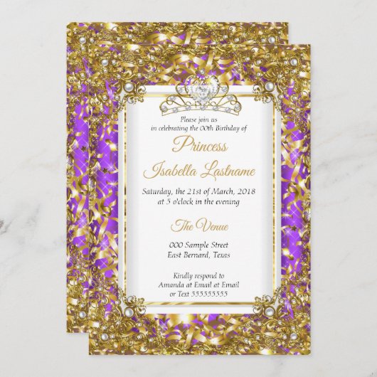 パープル金ゴールドホワイトパールティアラバースデーパーティー 招待状 (正面/裏面)