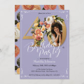 パープル金ゴールドボーカスタムホフローラ写真40th Birthday 招待状 (正面/裏面)