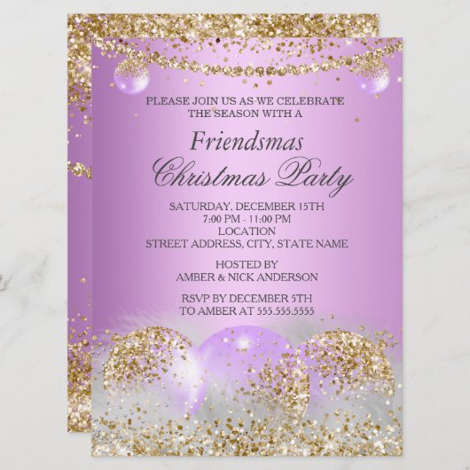 パープル金ゴールドボーブルフレンドマスクリスマスパーティー 招待状 (正面/裏面)