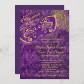 パープル金ゴールドマスカレードボールマーディグラ結婚ス 招待状 (正面/裏面)