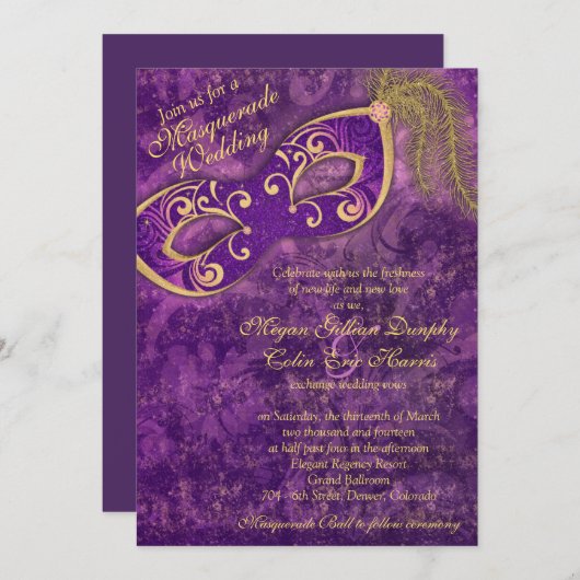 パープル金ゴールドマスカレードボールマーディグラ結婚ス 招待状 (正面/裏面)