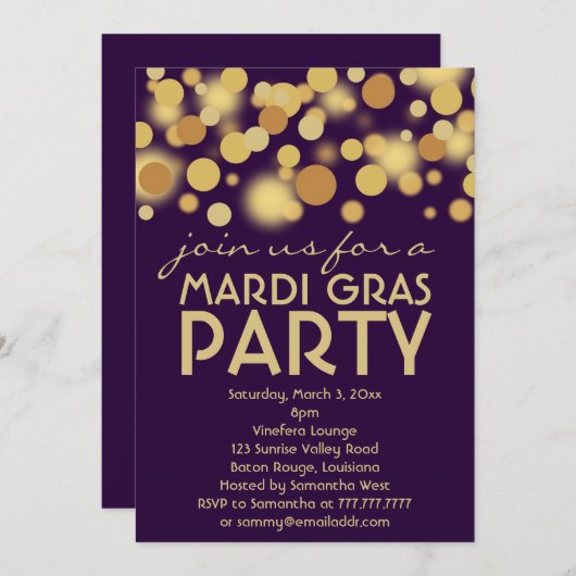 パープル金ゴールドマルディグラパーティの招待状 招待状 (正面/裏面)