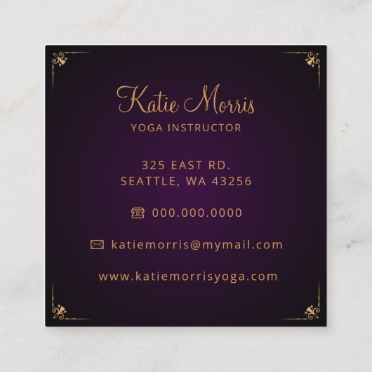 パープル金ゴールドマンダラエレガントヨガインストラクター スクエア名刺 (裏面)