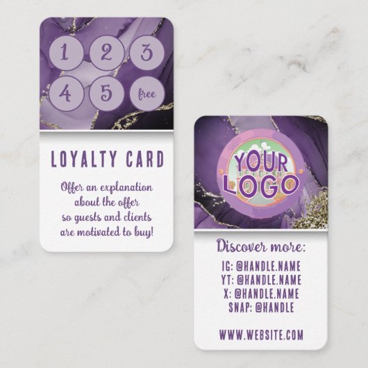 パープル金ゴールドマーブルメディカルスパスキンケア美しい ロイヤリティカード (正面/裏面)