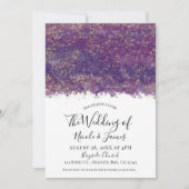 パープル金ゴールドモダン（ばちゃばちゃ）跳ねるグ結婚ラムの結婚 招待状 (正面)